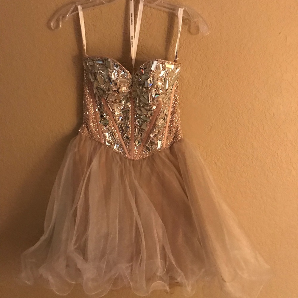 Sherrie Hill Nude/beige beaded/tulle cocktail/homecoming dress